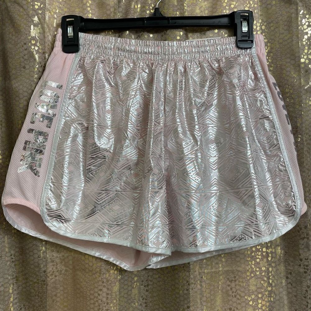 PINK Victorias Secret Silver Pink Sequin Bling Campus Running Shorts, S NWT